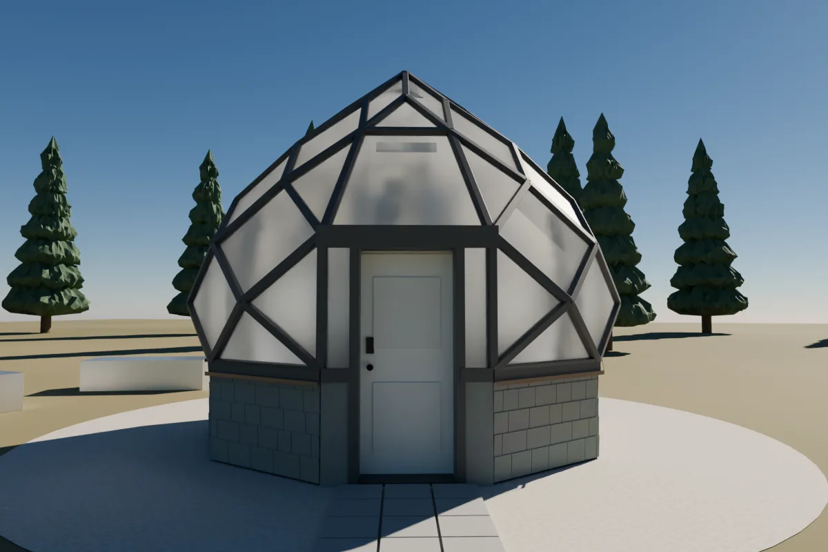 Photoreal rendering of the zome greenhouse in black and slate with a white door, as built in Brighton.