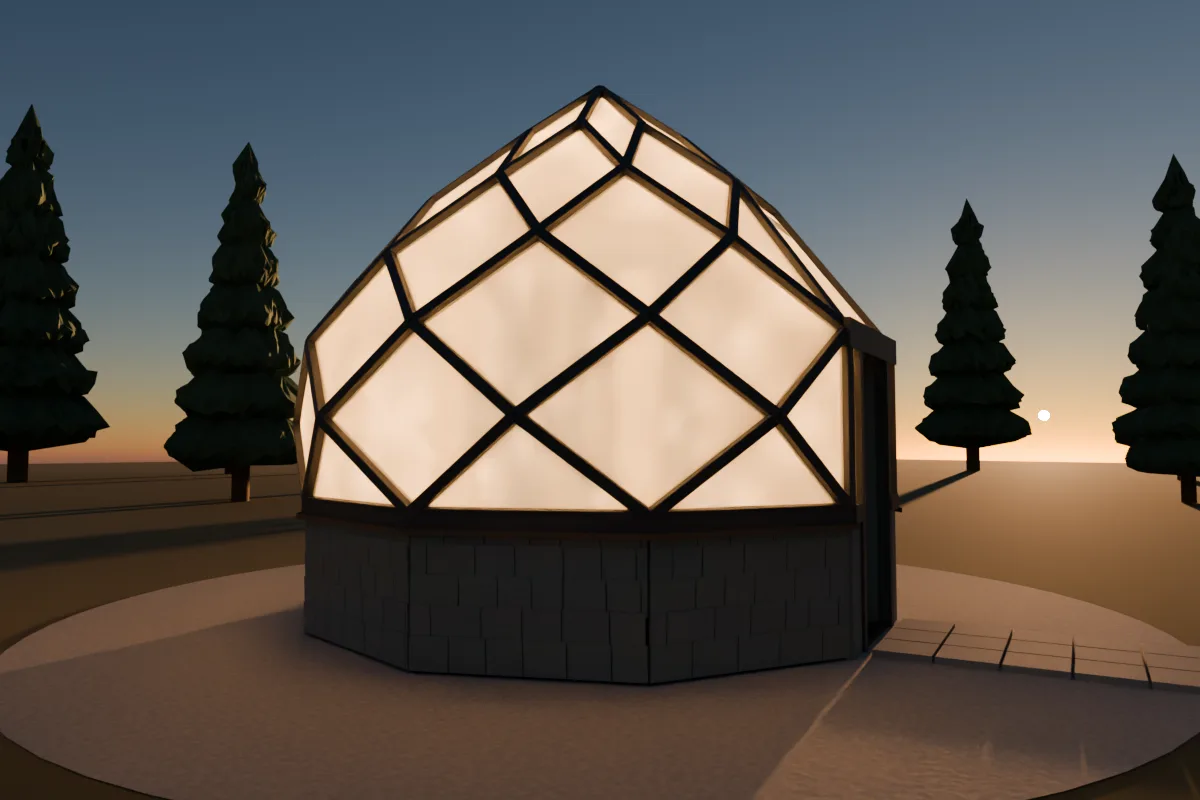Photoreal rendering of the zome greenhouse glowing warm at dusk with the lights on.