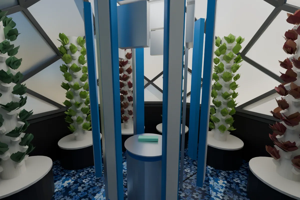 Photoreal rendering inside the zome: eight towers at the wall corners and the insulated nutrient barrel in the center light rack.