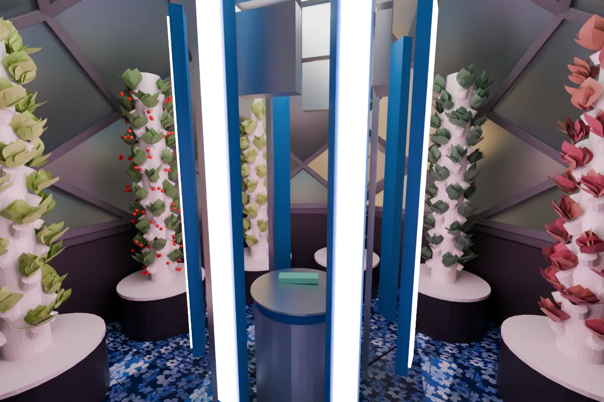 Photoreal rendering inside the zome with the grow lights on: towers at each wall corner around the central light rack and nutrient barrel.