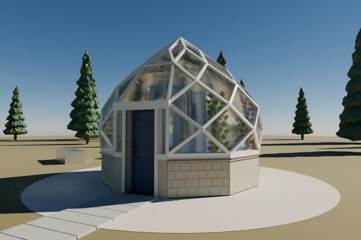 Photoreal rendering of the zome greenhouse with white trim, tan siding, a navy door and clear polycarbonate, towers visible inside.