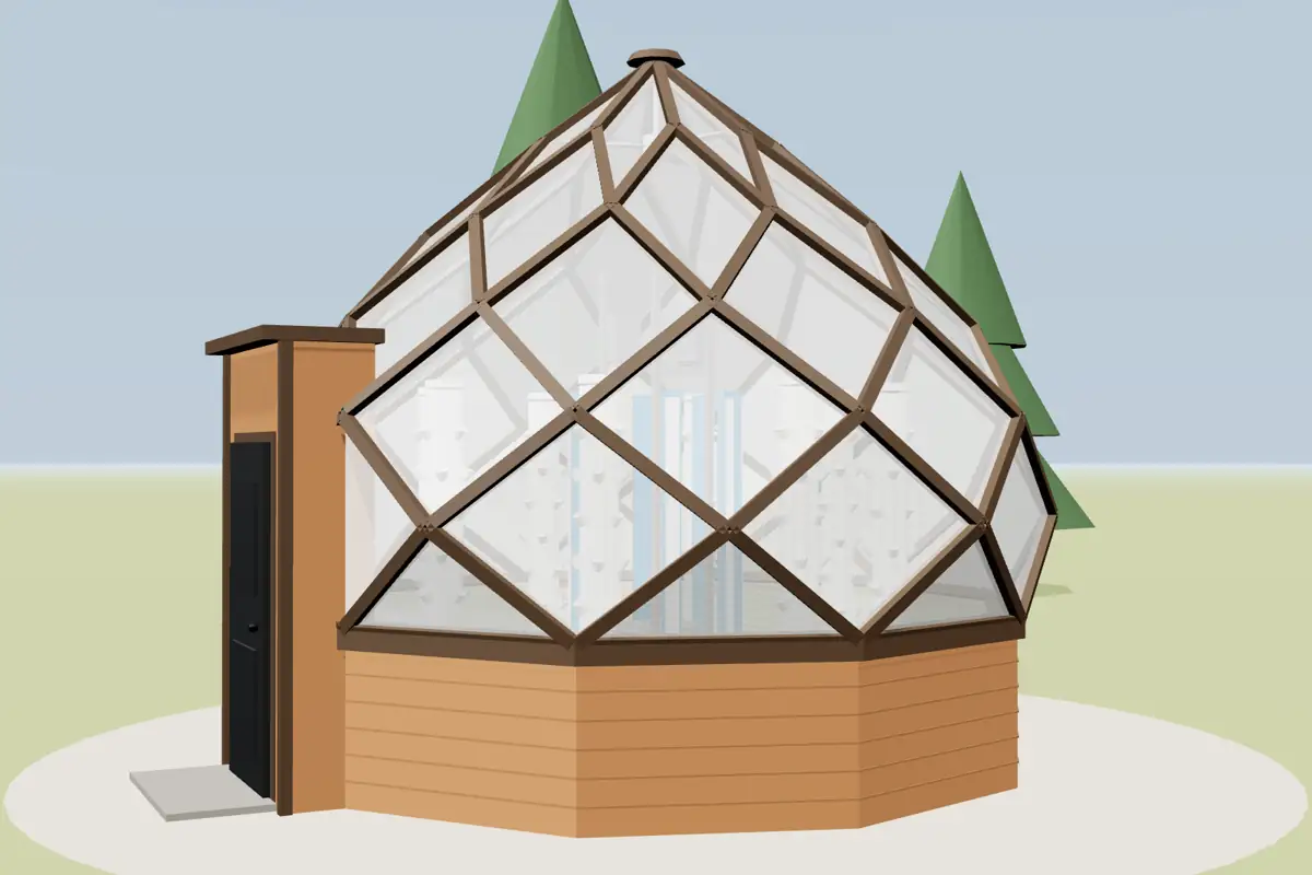 Rendering of the zome greenhouse in bronze and cedar with a black door.