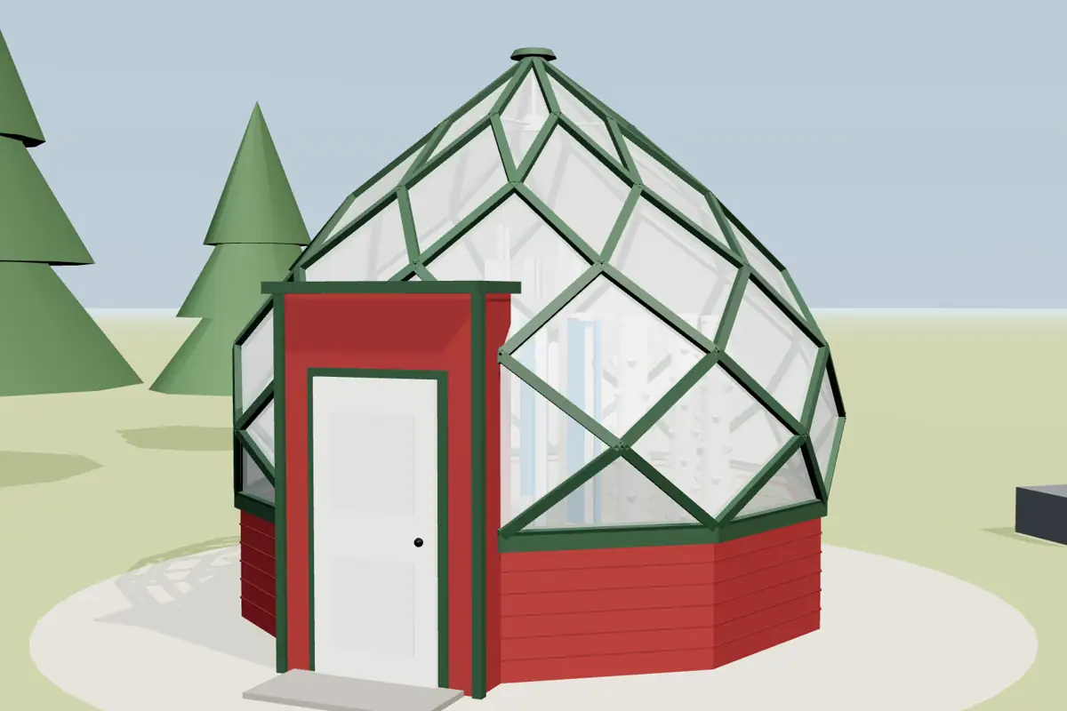 Rendering of the zome greenhouse in forest green and barn red with a white door.
