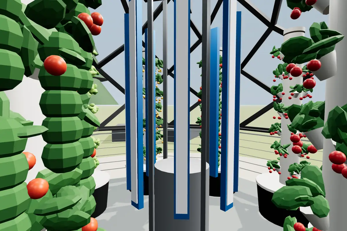 Rendering of towers planted with cherry tomatoes, strawberries and peppers.