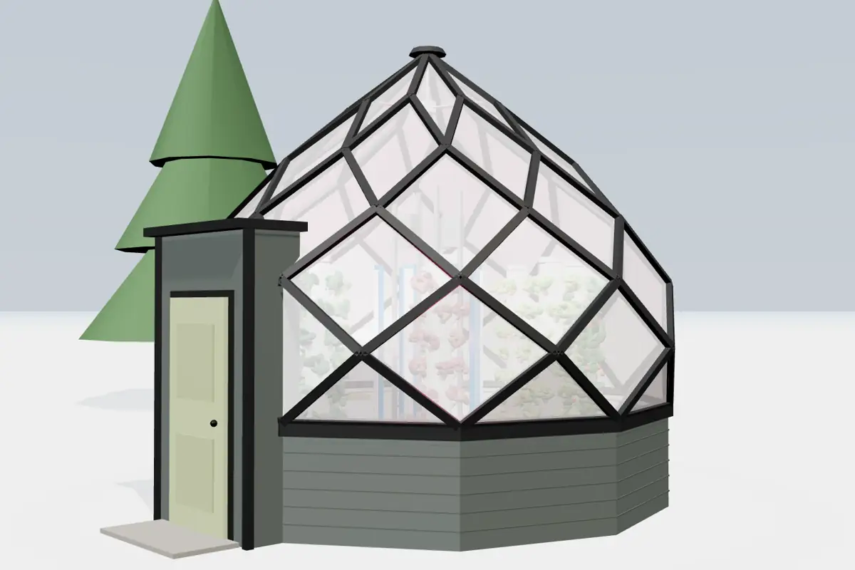 Rendering of the zome greenhouse in in the snow grow lights on in January.