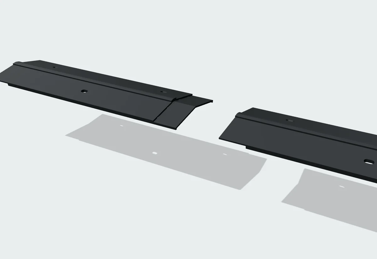 Rendering of two seam caps slid apart: the end of one has a thin tongue that slides under the socket in the next.