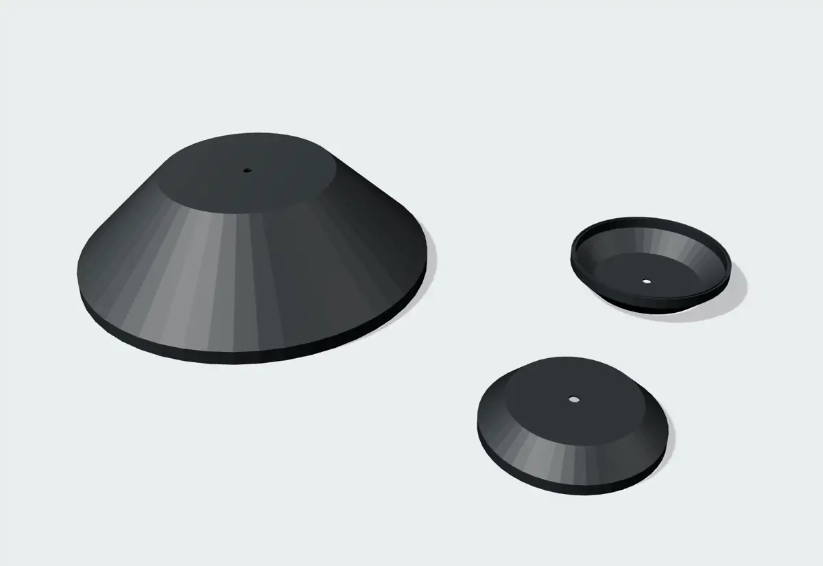Rendering of a large conical apex cap and two smaller round node caps, one flipped to show its hollow underside.